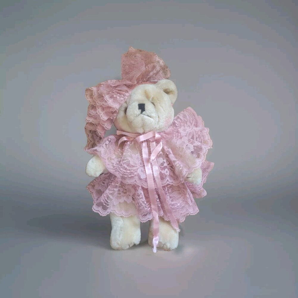 Vintage Brown Teddy Bear Pink Lace Dress & Hat Movable Legs And Arms